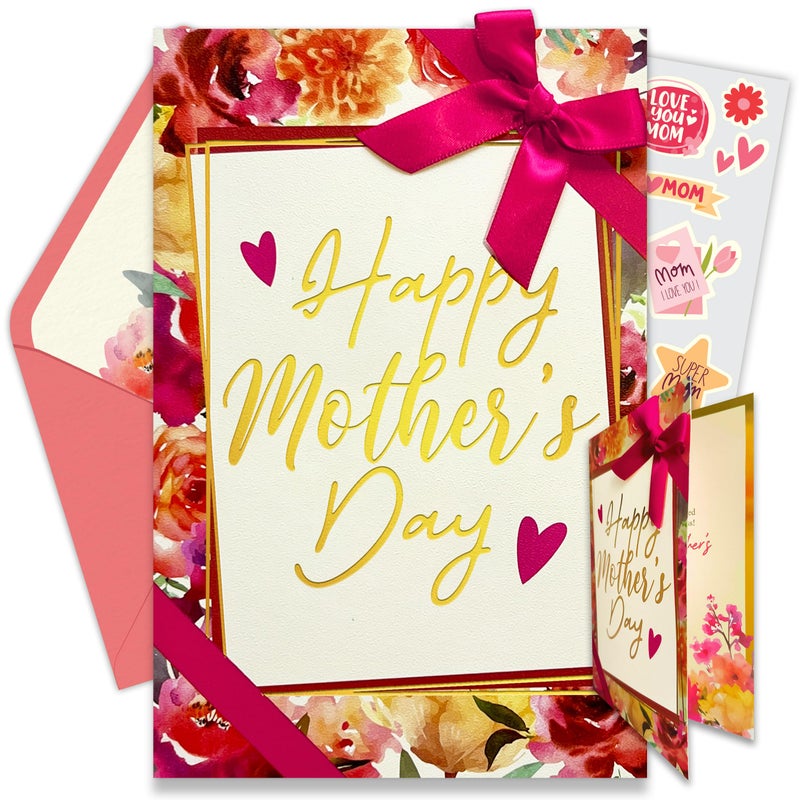 Decorably Gold Foiled and Textured 5x8in Individual Happy Mothers Day Card Set with Ribbon and Floral Designs, Card Set with Envelope and Stickers, with Printed Message Inside - Image 1